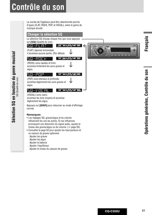 Page 41
CQ-C300U41
Français

Opérations générales, Contrôle du son
Sélection SQ en fonction du genre musical 
SQ (Qualité du son) 
La courbe de l’égaliseur peut être sélectionnée parmis 
4 types (FLAT, ROCK, POP, et VOCAL), selon le genre de 
musique écouté. 
Changer la sélection SQ 
La sélection SQ change chaque fois que vous appuyez 
sur [SQ] (Qualité du son).  
(FLAT) réponse horizontale: 
n’accentue aucune partie. (Par défaut)
(ROCK) sons rapides et forts: 
accentue fortement les sons graves et 
aigus....