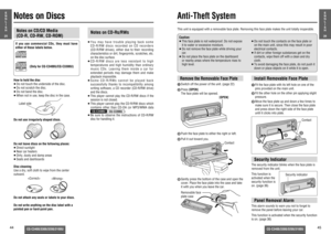 Page 1744
CQ-C3400/3300/3200/3100U
CQ-C3400/3300/3200/3100U
45
Security IndicatorThe security indicator blinks when the face plate is 
removed from the unit.
This function is 
activated when the 
security function is 
on. (page 36)
Notes on Discs
E
N
G
L
I
S
H
25
E
N
G
L
I
S
H
26
Anti-Theft System
Notes on CD-Rs/RWs≥ You may have trouble playing back some 
CD-R/RW discs recorded on CD recorders 
(CD-R/RW drives), either due to their recording 
characteristics or dirt, ﬁ ngerprints, scratches, etc. 
on the disc...