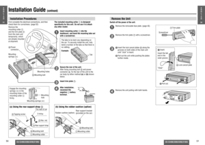 Page 2050
CQ-C3400/3300/3200/3100U
CQ-C3400/3300/3200/3100U
51
Installation Guide 
(continued)
8 Lock cancel plate
Remove the UnitSwitch off the power of the unit.1
Remove the removable face plate. (page 45)
2
Remove the trim plate 7 with a screwdriver.
3
1  Insert the lock cancel plates 8 along the 
grooves on both sides of the main unit 
until “click” is heard.
2  Pull out the unit while pushing the plates 
further inside.
4
Remove the unit pulling with both hands.7 Trim  plate
1  Insert.
Insert the tab 
end...