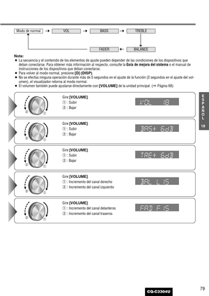 Page 1979
18
E
S
P
A
Ñ
O
L
CQ-C3304U
Nota:
¡La secuencia y el contenido de los elementos de ajuste pueden depender de las condiciones de los dispositivos que
deban conectarse. Para obtener más información al respecto, consulte la 
Guía de mejora del sistemao el manual de
instrucciones de los dispositivos que deban conectarse.
¡Para volver al modo normal, presione [D] (DISP).
¡No se efectúa ninguna operación durante más de 5 segundos en el ajuste de la función (2 segundos en el ajuste del vol-
umen), el...