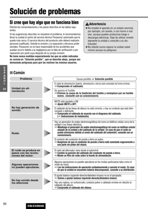 Page 2484
23
E
S
P
A
Ñ
O
L
CQ-C3304U
Solución de problemas
Si cree que hay algo que no funciona bien
Efectúe las comprobaciones y los pasos descritos en las tablas sigu-
ientes.
Si las sugerencias descritas no resuelven el problema, le recomendamos
llevar la unidad al centro de servicio técnico Panasonic autorizado que le
quede más cerca. El servicio técnico del producto sólo deberá realizarlo
personal cualificado. Solicite la revisión y la reparación a técnicos profe-
sionales. Panasonic no se hace responsable...