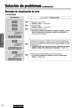 Page 2888
Solución de problemas (continuación)
27
E
S
P
A
Ñ
O
L
CQ-C3304U
Por alguna razón, el reproductor no puede leer el archivo que usted se propone repro-
ducir. (El archivo está grabado en un sistema de archivos, tipo de compresión, formato
de datos, o con una extensión de nombre de archivo que son incompatibles, o los datos
están dañados, etc.)
aSeleccione un archivo que el reproductor pueda leer. Compruebe el tipo de datos
grabados en el disco. Cree un disco nuevo si es necesario.(aPágina 76)...