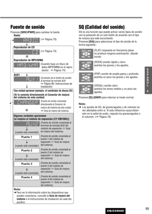 Page 969
8
E
S
P
A
Ñ
O
L
CQ-C3304U
SQ (Calidad del sonido)
SQ es una función que puede activar varios tipos de sonido
con la pulsación de un solo botón de acuerdo con el tipo
de música que esté escuchando.
Presione 
[SQ]para seleccionar el tipo de sonido de la
forma siguiente.:
Presione 
[D] (DISP)para retornar al modo normal.
Nota:
¡Los ajustes de SQ, de graves/agudos y de volumen se
ven afectados entre sí. Si esta influencia causa distor-
sión en la señal de audio, reajuste los graves/agudos o
el volumen. (...