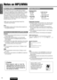 Page 1818
17
E
N
G
L
I
S
H
CQ-C3304U
Notes on MP3/WMA
What is MP3/WMA?
MP3* (MPEG Audio Layer-3) and WMA (Windows MediaTM
Audio) are the compression formats of digital audio. The former
is developed by MPEG (Motion Picture Experts Group), and the
latter is developed by Microsoft Corporation. Using these
compression formats, you can record the contents of about 10
music CDs on a single CD (This figure refers to data recorded on
a 650 MB CD-R or CD-RW at a fixed bit rate of 128 kbps and a
sampling frequency of...