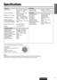 Page 3131
Specifications
Note: 
¡Specifications and design are subject to modification without notice due to improvements.
¡Some figures and illustrations in this manual may be different from your product.
30
E
N
G
L
I
S
H
CQ-C3304U
Power supply : DC 12 V (11 V – 16 V), test
voltage 14.4 V, negative
ground
Current consumption : Less than 2.1 A (CD mode,
0.5 W 4-channels)
Maximum power output : 50 W x 4 (at 1 kHz)
volume control maximum
Tone adjustment range : Bass:  ± 12 dB (at 100 Hz)
Treble:  ± 12 dB (at 10...