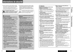 Page 16CQ-C3405U/C3305U
30
CQ-C3405U/C3305U
31
Français
Informations de sécurité
Informations de sécurité
 Veuillez lire attentivement le guide d’utilisation de l’appareil 
et de tous les autres composants avant d’utiliser le système 
audio du véhicule. Il contient des instructions sur l’utilisation 
du système d’une manière sûre et ef cace. Panasonic 
n’assume aucune responsabilité pour tout problème résultant 
du non-respect des instructions fournies dans ce manuel.
 Des pictogrammes sont utilisés dans ce...