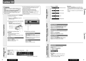 Page 23CQ-C3405U/C3305U
44
CQ-C3405U/C3305U
45
Français
Mode aléatoireToutes les pistes disponibles sont jouées en ordre aléatoire. Appuyez sur [4] (RANDOM). 
 s’allume. 
Appuyez de nouveau pour annuler.
Mode balayageLes premières 10 secondes de chaque piste sont jouées en 
séquence. Appuyez sur [5] (SCAN).
Appuyez de nouveau pour annuler. Mode répétition La piste courante est répétée. Appuyez sur [6] (REPEAT). 
 s’allume. 
Appuyez de nouveau pour annuler. 
 Attention

{3 po}. 
 est 
allumé, parce qu’un disque...