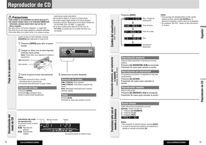 Page 37CQ-C3405U/C3305U
72
CQ-C3405U/C3305U
73
Español
Reproducción aleatoriaTodas las pistas disponibles se reproducen de forma 
aleatoria. Presione [4] (RANDOM). 
 se enciende. 
Presiónelo de nuevo para cancelar la acción. Reproducción por exploración Se reproducen los primeros 10 segundos de cada pista 
sucesivamente. Presione [5] (SCAN).
Presiónelo de nuevo para cancelar la 
acción. Reproducción repetida Repite la pista actual. Presione [6] (REPEAT). 
 se enciende. 
Presiónelo de nuevo para cancelar la...