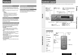 Page 5CQ-C3405U/C3305U
8
CQ-C3405U/C3305U
9
English
04RANDOM5SCAN6REPEA
T7
9
#NUMBE
R–9
8
0
0 to 9
Number
RANDOM
FeaturesHands-Free Phone SystemConnection of the optional Hands-Free Phone System (Hands-
Free Kit featuring Bluetooth
® technology: CY-BT100U) allows 
users to talk on a handsfree cellular phone if the phone supports 
Bluetooth.
Note: This unit is designed only for receiving calls. It cannot 
send calls.
Bluetooth
® 
The Bluetooth word mark and logo are owned by the 
Bluetooth SIG, Inc. and any use...