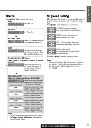 Page 1111
10
E
N
G
L
I
S
H
CQ-C3433U/C3403U/C3333U/C3303U
SQ (Sound Quality)
SQ is a function that can call up various sound types at the
touch of button in accordance with your listening music
type.
Press 
[SQ] to select the sound type as follows:
Press 
[D] (DISP)to return to the regular mode.
Note:
¡Settings of SQ, bass/treble and volume are influenced
one another. If such an influence causes distortion to
the audio signal, readjust bass/treble or volume. 
(
aPage 20)(VOCAL) clear sound:
emphasizes middle...