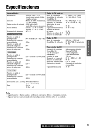 Page 8989
28
E
S
P
A
Ñ
O
L
CQ-C3433U/C3403U/C3333U/C3303U
Especificaciones
Nota: 
¡Especificaciones y diseño sujetos a cambios sin previo aviso debido a mejoras del producto.
¡Algunos valores e ilustraciones de este manual pueden ser distintos de los de su producto.
Alimentación : 12 V CC (11 V – 16 V),
tensión de prueba de 14,4 V,
negativo a masa 
Consumo : Menos de 2,1 A (modo de CD,
0,5 W 4 canales)
Salida máxima de potencia : 50 W x 4 (a 1 kHz)
control de volumen al máximo
Acción del tono : Graves:  ±12 dB...