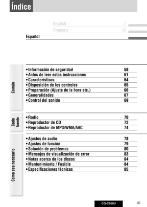 Page 63
CQ-C500U63
Español
English 2
Français 
30
Índice
• Información de seguridad 58
• 
Antes de leer estas instrucciones 61
• 
Características 64
• 
Disposición de los controles 65
•  Preparación (Ajuste de la hora etc.)  66
•  Generalidades  67
•  Control del sonido  69
•  Radio  70
•  Reproductor de CD  72
•  Reproductor de MP3/WMA/AAC  74
•  Ajustes de audio  78
•  Ajustes de función  79
•  Solución de problemas  80
•  Mensajes de visualización de error  83
•  Notas acerca de los discos  84
•...