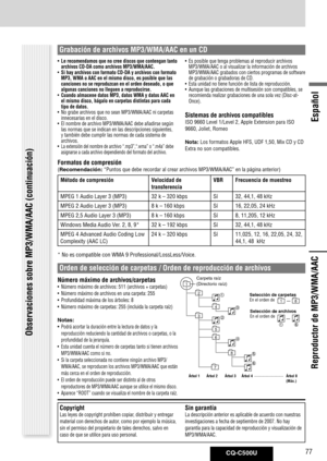 Page 77
CQ-C500U77
Español

• Le recomendamos que no cree discos que contengan tanto archivos CD-DA como archivos MP3/WMA/AAC.
• Si hay archivos con formato CD-DA y archivos con formato MP3, WMA o AAC en el mismo disco, es posible que las canciones no se reproduzcan en el orden deseado, o que algunas canciones no lleguen a reproducirse.
• Cuando almacene datos MP3, datos WMA y datos AAC en el mismo disco, hágalo en carpetas distintas para cada tipo de datos.
•  No grabe archivos que no sean MP3/WMA/AAC ni...