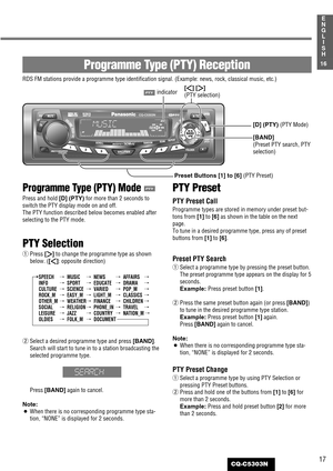 Page 17Preset Buttons [1] to [6] (PTY Preset)
17
16
E
N
G
L
I
S
H
CQ-C5303N
Programme Type (PTY) Reception
RDS FM stations provide a programme type identification signal. (Example: news, rock, classical music, etc.)
Programme Type (PTY) Mode 
Press and hold [D] (PTY)for more than 2 seconds to
switch the PTY display mode on and off.
The PTY function described below becomes enabled after
selecting to the PTY mode.
PTY Selection
qPress [[]to change the programme type as shown
below. ([]]: opposite direction)...