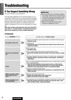 Page 3838
1
E
N
G
L
I
S
H
CQ-C5303N
37
Troubleshooting
If You Suspect Something Wrong
Check and take steps as described below.
If the described suggestions do not solve the problem, it is rec-
ommended to take the unit to your nearest authorized Panasonic
Service 
Centre. The product should be serviced only by qualified
personnel. Please refer checking and repair to professionals.
Panasonic shall not be liable for any accidents arising out of
neglect of checking the unit or your own repair after your check-...