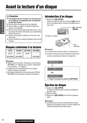 Page 5252CQ-C5403U/C5303U
15
F
R
A
N
Ç
A
I
S
Avant la lecture d’un disque
Précaution
¡Les disques de 8 cm {3 po} ne sont pas pris
en charge par cet appareil, par conséquent,
ne pas les insérer.
¡Ne pas utiliser de disques de forme irrégulière.
¡Ne pas utiliser un disque sur lequel est apposé un
sceau ou une étiquette.
¡Afin de ne pas endommager le panneau avant, ne pas
le pousser vers le bas et ne placer aucun objet dessus
lorsqu’il est ouvert.
¡Ne pas se faire pincer le doigt ou la main par le pan-
neau...