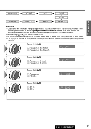 Page 6161
24
F
R
A
N
Ç
A
I
S
CQ-C5403U/C5303U
qw
qw
Tournez [VOLUME].
q: Rehaussement de l’avant
w: Rehaussement de l’arrière Tournez [VOLUME].
q: Rehaussement du côté droit
w: Rehaussement du côté gauche
qw
qw
Tournez [VOLUME].
q: 120 Hz
w: 80 Hz Tournez [VOLUME].
q: Rehaussement
w: Réduction Remarque :
¡La séquence et le contenu des rubriques de paramétrage peuvent varier en fonction des conditions présentées par les
périphériques connectés. Se référer au guide pratique de mise à niveau de systèmeou au mode...