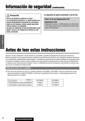 Page 7676
3
E
S
P
A
Ñ
O
L
CQ-C5403U/C5303U
Información de seguridad(continuación)
Precaución
ÉSTE ES UN PRODUCTO LÁSER DE LA CLASE I.
LA UTILIZACIÓN DE CONTROLES, EL HACER AJUSTES O EL
SEGUIR PROCEDIMIENTOS DISTINTOS DE LOS ESPECIFI-
CADOS EN ESTE MANUAL PODRÍA CAUSAR UNA EXPOSI-
CIÓN PELIGROSA A LA RADIACIÓN.
NO ABRA LAS CUBIERTAS NI HAGA REPARACIONES USTED
MISMO. SOLICITE LOS TRABAJOS DE SERVICIO AL PER-
SONAL CALIFICADO.
Lo siguiente se aplica solamente a los EE.UU.
Parte 15 de los Reglamentos FCC...