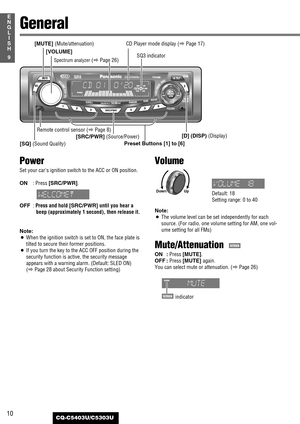 Page 1010
9
E
N
G
L
I
S
H
CQ-C5403U/C5303U
General
[SQ] (Sound Quality)[D] (DISP) (Display) [MUTE] (Mute/attenuation)
[SRC/PWR] (Source/Power) Remote control sensor (
aPage 8)
[VOLUME]
Spectrum analyzer(aPage 26)SQ3 indicator
Power
Set your cars ignition switch to the ACC or ON position.
ON: Press [SRC/PWR].
OFF: Press and hold [SRC/PWR] until you hear a
beep (approximately 1 second), then release it.
Note:
¡When the ignition switch is set to ON, the face plate is
tilted to secure their former positions.
¡If...