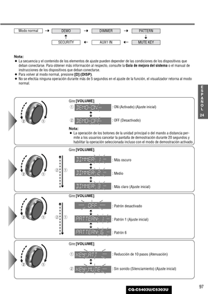 Page 9797
24
E
S
P
A
Ñ
O
L
CQ-C5403U/C5303U
Nota:
¡La secuencia y el contenido de los elementos de ajuste pueden depender de las condiciones de los dispositivos que
deban conectarse. Para obtener más información al respecto, consulte la Guía de mejora del sistemao el manual de
instrucciones de los dispositivos que deban conectarse.
¡Para volver al modo normal, presione [D] (DISP).
¡No se efectúa ninguna operación durante más de 5 segundos en el ajuste de la función, el visualizador retorna al modo
normal.
Gire...