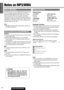 Page 2020
19
E
N
G
L
I
S
H
CQ-C5403U/C5303U
Notes on MP3/WMA
What is MP3/WMA?
MP3 (MPEG Audio Layer-3) and WMA (Windows MediaTMAudio)
are the compression formats of digital audio. The former is
developed by MPEG (Motion Picture Experts Group), and the
latter is developed by Microsoft Corporation. Using these
compression formats, you can record the contents of about 10
music CDs on a single CD (This figure refers to data recorded on
a 650 MB CD-R or CD-RW at a fixed bit rate of 128 kbps and a
sampling frequency...