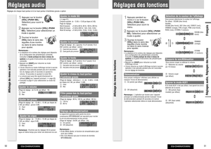 Page 26CQ-C5405U/C5305U
50
CQ-C5405U/C5305U
51
Français
Réglages des fonctions
Réglages audio, Réglages des fonctions
1
 Appuyez pendant au 
moins 2 s sur le bouton 
[VOL] (PUSH SEL: 
Sélection) pour ouvrir le 
menu.
2
 Appuyez sur le bouton [VOL] (PUSH 
SEL: Sélection) pour sélectionner un 
mode à ajuster. 3
 Tournez le bouton 
[VOL] dans le sens des 
aiguilles dune montre 
ou dans le sens inverse 
pour ajuster.
Remarques : 
 La séquence et le contenu des réglages peut dépendre 
de la con guration des...