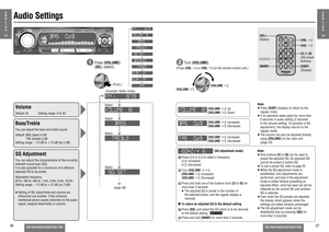 Page 1336
CQ-C5410/5310/5210/5110U
CQ-C5410/5310/5210/5110U
37
(page 38)
Audio Settings
[VOLUME "]: Up
[VOLUME #]: DownNote:
≥ Press [DISP] (display) to return to the 
regular mode.
≥ If no operation takes place for more than 
5 seconds in audio setting (2 seconds 
in the volume setting, 10 seconds in SQ 
adjustment), the display returns to the 
regular mode.
≥ The volume can also be adjusted directly 
using [VOLUME] on the main unit.
 (page 23)
1
  Press [VOLUME]
(SEL: select).
VolumeDefault:18  Setting...