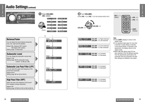 Page 1438
CQ-C5410/5310/5210/5110U
CQ-C5410/5310/5210/5110U
39
Audio Settings
 (continued)
Note:
≥ Press [DISP] (display) to return to the 
regular mode.
≥ If no operation takes place for more than 
5 seconds in audio setting (2 seconds 
in the volume setting, 10 seconds in SQ 
adjustment), the display returns to the 
regular mode.
≥ When SBC-SW setting (page 23) has 
been selected to ON, the settings resulting 
from the adjustments performed at the 
subwoofer level and subwoofer low pass 
ﬁ lter settings are...