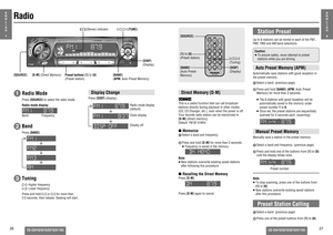 Page 826
CQ-C5410/5310/5210/5110U
CQ-C5410/5310/5210/5110U
27
Station Preset
Up to 6 stations can be stored in each of the FM1, 
FM2, FM3 and AM band selections.Auto Preset Memory (APM)Automatically save stations with good reception in 
the preset memory.
1 Select a band. (previous page)
2 Press and hold [BAND] (APM: Auto Preset 
Memory) for more than 2 seconds.
 ≥  The 6 stations with good reception will be 
automatically saved in the memory under 
preset number 1 to 6.
 ≥  Once set, the preset stations are...