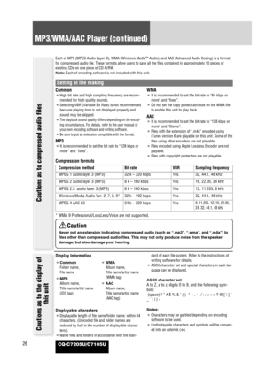 Page 26CQ-C7205U/C7105U26
MP3/WMA/AAC Player (continued)
Cautions as to compressed audio files
Display Information
Displayable characters
¡Displayable length of file name/folder name: within 64
characters. (Unicoded file and folder names are
reduced by half in the number of displayable charac-
ters.)
¡Name files and folders in accordance with the stan-dard of each file system. Refer to the instructions of
writing software for details.
¡ASCII character set and special characters in each lan-
guage can be...