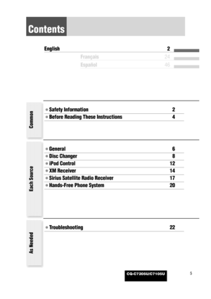 Page 49CQ-C7205U/C7105U5
Contents
¡Safety Information 2
¡Before Reading These Instructions 4
¡General 6
¡Disc Changer 8
¡iPod Control 12
¡XM Receiver 14
¡Sirius Satellite Radio Receiver 17
¡Hands-Free Phone System 20 English 2
Français24
Español46
Each Source
¡Troubleshooting 22
As Needed Common
$6@46@@FOHRYE    .Ö”´ 