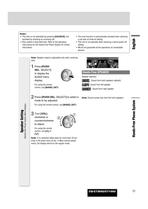 Page 65CQ-C7205U/C7105U21
English
Hands-Free Phone System
Notes:
¡This item is not selectable by pressing [SOURCE], but
activated by receiving an incoming call.
¡Only outline is described here. Refer to the operating
instructions for the Hands-Free Phone System for further
information.¡The mute function is automatically canceled when receiving
a call even at mute-on setting.
¡This unit is not operable when receiving a call at power-off
setting.
¡We do not guarantee all the operations of connectable
devices....