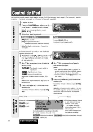 Page 5456CQ-C7205U/C7105U
Control de iPod
La conexión del cable de conexión directa para iPod opcional (CA-DC300U) permite al usuario operar el iPod incluyendo la selección
de archivos y el cambio de secuencia de los archivos con los botones de esta unidad.
1Conecte el iPod.
2Presione [SOURCE]para seleccionar el
modo de iPod. Se inicia la reproducción.
Nota: Si no se inicia la reproducción, presione
[BAND] (y/ 5).
3Seleccione la parte deseada.
Selección de archivos
[7]: Archivo siguiente
[6]: Principio del...