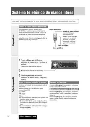 Page 6264CQ-C7205U/C7105U
Sistema telefónico de manos libres
Preparativos
Conexión del Sistema telefónico de manos libres
Conecte el Sistema telefónico de manos libres 
(CY-BT100U) y establezca el apareamiento. Para más
detalles información al respecto, consulte el manual de
instrucciones del Sistema telefónico de manos libres.
Nota:Esta unidad sólo está diseñada para recibir lla-
madas.No puede efectuar llamadas.
1Presione [Hang-on]del Sistema
telefónico de manos libres y conteste al
teléfono.
El teléfono está...