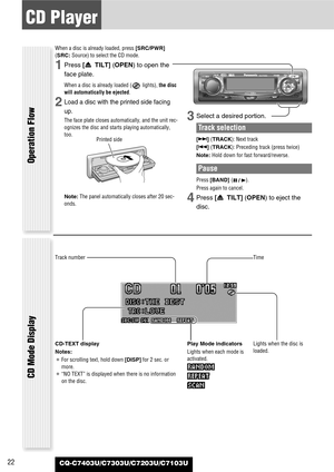 Page 2222
CD Player
CQ-C7403U/C7303U/C7203U/C7103U
When a disc is already loaded, press [SRC/PWR]
(SRC: Source) to select the CD mode.
1Press [u TILT] (OPEN)to open the
face plate.
When a disc is already loaded ( lights), the disc
will automatically be ejected. 
2Load a disc with the printed side facing
up.
The face plate closes automatically, and the unit rec-
ognizes the disc and starts playing automatically,
too.
Note:The panel automatically closes after 20 sec-
onds.3Select a desired portion.
Track...