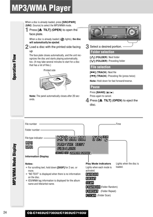 Page 2424
MP3/WMA Player
CQ-C7403U/C7303U/C7203U/C7103U
Operation Flow
When a disc is already loaded, press [SRC/PWR]
(SRC: Source) to select the MP3/WMA mode.
1Press [u TILT] (OPEN)to open the
face plate.
When a disc is already loaded ( lights), the disc
will automatically be ejected.
2Load a disc with the printed side facing
up 
The face plate closes automatically, and the unit rec-
ognizes the disc and starts playing automatically,
too. (It may take several minutes to start for a disc
that has a lot of...