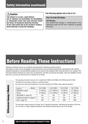 Page 44
Safety Information (continued)
CQ-C7403U/C7303U/C7203U/C7103U
Caution
THIS PRODUCT IS A CLASS I
LASER PRODUCT.
USE OF CONTROLS OR ADJUSTMENTS OR PERFORMANCE
OF PROCEDURES OTHER THAN THOSE SPECIFIED HEREIN
MAY RESULT IN HAZARDOUS RADIATION EXPOSURE.
DO NOT OPEN COVERS AND DO NOT REPAIR BY YOURSELF.
REFER SERVICING TO QUALIFIED PERSONNEL.
The following applies only in the U.S.A.
Part 15 of the FCC Rules
FCC Warning:
Any unauthorized changes or modifications to this
equipment would void the users...