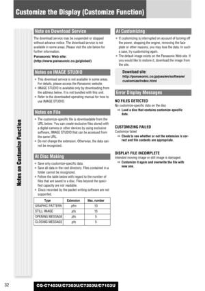 Page 32CQ-C7403U/C7303U/C7203U/C7103U32
Customize the Display (Customize Function)
Notes on Customize Function
Note on Download Service
The download service may be suspended or stopped
without advance notice. The download service is not
available in some areas. Please visit the site below for
further information. 
Panasonic Web site:
(http://www.panasonic.co.jp/global/)
Notes on IMAGE STUDIO
¡This download service is not available in some areas.
For details, please access the Panasonic website.
¡IMAGE STUDIO is...