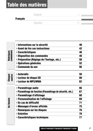 Page 47CQ-C7403U/C7303U/C7203U/C7103U47
Table des matières
¡Informations sur la sécurité 40
¡Avant de lire ces instructions 42
¡Caractéristiques 46
¡Disposition des commandes 48
¡Préparation (Réglage de l’horloge, etc.) 50
¡Opérations générales 52
¡Commande du son 56
¡Autoradio 58
¡Lecteur de disque CD 60
¡Lecteur de MP3/WMA 62
¡Paramétrage audio 66
¡Paramétrage de fonction (Paramétrage de sécurité, etc.)67
¡Paramétrage d’affichage 68
¡Personnalisation de l’affichage 69
¡En cas de difficulté 71
¡Messages...