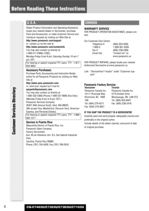 Page 66
Before Reading These Instructions
CQ-C7403U/C7303U/C7203U/C7103U
U.S.A.
Obtain Product Information and Operating Assistance;
locate your nearest Dealer or Servicenter; purchase
Parts and Accessories; or make Customer Service and
Literature requests by visiting our Web Site at:
http://www.panasonic.com/support
or, contact us via the web at:
http://www.panasonic.com/contactinfo
You may also contact us directly at:
1-800-211-PANA (7262),
Monday-Friday 9 am-9 pm; Saturday-Sunday 10 am-7
pm, EST.
For...