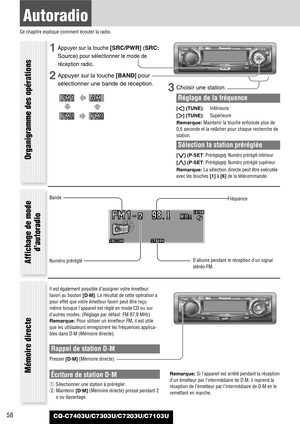 Page 5858
Autoradio 
Ce chapitre explique comment écouter la radio.
CQ-C7403U/C7303U/C7203U/C7103U
1Appuyer sur la touche [SRC/PWR](SRC:
Source)
pour sélectionner le mode de
réception radio.
2Appuyer sur la touche [BAND]pour
sélectionner une bande de réception.
3Choisir une station.
Réglage de la fréquence
[]] (TUNE):Inférieure
[[] (TUNE):Supérieure
Remarque:Maintenir la touche enfoncée plus de
0,5 seconde et la relâcher pour chaque recherche de
station.
Sélection la station préréglée
[{] (P·SET: Préréglage):...