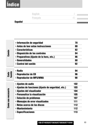 Page 83CQ-C7403U/C7303U/C7203U/C7103U83
Índice
¡Información de seguridad 78
¡Antes de leer estas instrucciones 80
¡Características 82
¡Disposición de los controles 84
¡Preparativos (Ajuste de la hora, etc.) 86
¡Generalidades 88
¡Control del sonido 92
¡Radio 94
¡Reproductor de CD 96
¡Reproductor de MP3/WMA 98
¡Ajustes de audio 102
¡Ajustes de funciones (Ajuste de seguridad, etc.) 103
¡Ajustes del visualizador 104
¡Personalice la visualización 105
¡Solución de problemas 107
¡Mensajes de error visualizados 111...