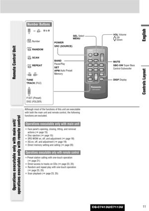 Page 11CQ-C7413U/C7113U
English
11
Although most of the functions of this unit are executable
with both the main unit and remote control, the following
functions are excluded.
Operations executable only with main unit
¡Face panel’s opening, closing, tilting, and removal
actions (apage 15)
¡Disc ejection (apage 15)
¡SRS WOW on, off, and adjustment (apage 18)
¡SQ on, off, and adjustment (apage 19)
¡Direct memory setting and calling (apage 20)
Operations executable only with remote control
¡Preset station calling...