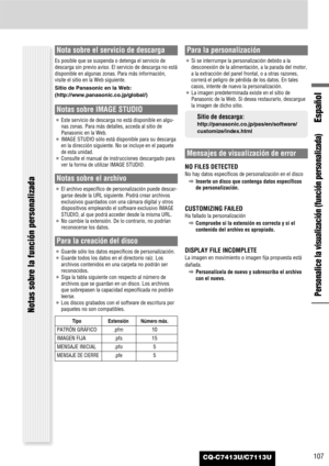 Page 107Español
CQ-C7413U/C7113U107
Personalice la visualización (función personalizada)
Notas sobre la función personalizada
Nota sobre el servicio de descarga
Es posible que se suspenda o detenga el servicio de
descarga sin previo aviso. El servicio de descarga no está
disponible en algunas zonas. Para más información,
visite el sitio en la Web siguiente.
Sitio de Panasonic en la Web:
(http://www.panasonic.co.jp/global/)
Notas sobre IMAGE STUDIO
¡Este servicio de descarga no está disponible en algu-
nas zonas....