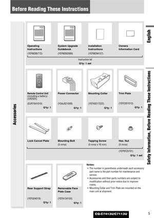 Page 55
Before Reading These Instructions
English
Safety Information, Before Reading These Instructions
CQ-C7413U/C7113U
Accessories
SELSELSRCSRCBANDBANDMUTEMUTE23 1
5
8
06 4
9 7
#
VOLVOL
DISPCAR AUDIO
MENU
SEL POWER
SOURCE
SRC
SET
BAND MUTE
23 1
5
8
06 4
9 7
#
VOLRANDOM
NUMBER TUNE TUNESCAN REPEAT
DISP
Remote Control Unit(including a battery)
(CR2025)Mounting CollarTrim Plate Power Connector
(EUR7641010)
Qty: 1(YEFX0217222)
Qty: 1(YEFC051013)
Qty: 1 (YGAJ021009)
Qty: 1
Lock Cancel PlateMounting Bolt
(5...