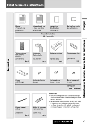 Page 4343
Avant de lire ces instructions
Français
Informations sur la sécurité, Avant de lire ces instructions
CQ-C7413U/C7113U
Accessoires
SELSELSRCSRCBANDBANDMUTEMUTE23 1
5
8
06 4
9 7
#
VOLVOL
DISPCAR AUDIO
MENU
SEL POWER
SOURCE
SRC
SET
BAND MUTE
23 1
5
8
06 4
9 7
#
VOLRANDOM
NUMBER TUNE TUNESCAN REPEAT
DISP
Télécommande
(avec une pile)
(CR2025)Cadre de montagePlaque de garniture Connecteur
d’alimentation
(EUR7641010)
Qté: 1(YEFX0217222)
Qté: 1(YEFC051013)
Qté: 1 (YGAJ021009)
Qté: 1
Plaque 
anti-blocageBoulon...