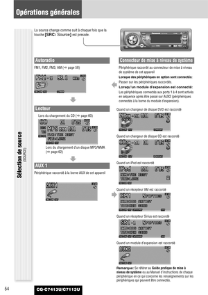 Page 5454
Opérations générales
CQ-C7413U/C7113U
Autoradio
FM1, FM2, FM3, AM (apage 58)
Sélection de source
(SOURCE)
La source change comme suit à chaque fois que la
touche 
[SRC: Source] est pressée.
Lecteur
Lors du chargement du CD (apage 60)
Lors du chargement d’un disque MP3/WMA
(apage 62)
AUX 1
Périphérique raccordé à la borne AUX de cet appareil
Connecteur de mise à niveau de système
Périphérique raccordé au connecteur de mise à niveau
de système de cet appareil
Lorsque des périphériques en option sont...