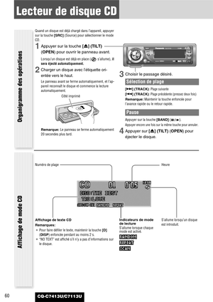 Page 6060
Lecteur de disque CD
CQ-C7413U/C7113U
Quand un disque est déjà chargé dans l’appareil, appuyer
sur la touche [SRC] (Source) pour sélectionner le mode
CD.
1Appuyer sur la touche [u] (TILT)
(OPEN)pour ouvrir le panneau avant.
Lorsqu’un disque est déjà en place ( s’allume), il
sera éjecté automatiquement.
2Charger un disque avec l’étiquette ori-
entée vers le haut.
Le panneau avant se ferme automatiquement, et l’ap-
pareil reconnaît le disque et commence la lecture
automatiquement.
Remarque:Le panneau se...