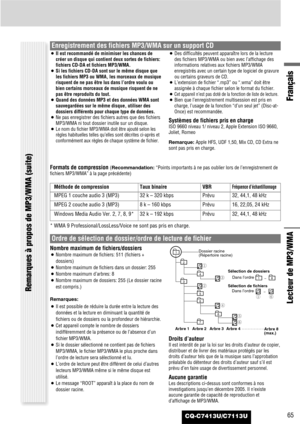 Page 65CQ-C7413U/C7113U65
Français
Lecteur de MP3/WMA
¡Il est recommandé de minimiser les chances de
créer un disque qui contient deux sortes de fichiers:
fichiers CD-DA et fichiers MP3/WMA.
¡Si les fichiers CD-DA sont sur le même disque que
les fichiers MP3 ou WMA, les morceaux de musique
risquent de ne pas être lus dans l’ordre voulu ou
bien certains morceaux de musique risquent de ne
pas être reproduits du tout.
¡Quand des données MP3 et des données WMA sont
sauvegardées sur le même disque, utiliser des...