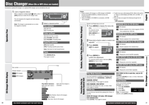 Page 16CQ-C8401U/C8301U/C7401U/C7301U
31EnglishDisc Changer (When CDs or MP3 discs are loaded)
30
Disc Changer
(When CDs or MP3 discs are loaded)
Connected an optional CD changer or an optional DVD changer can be controlled by this unit.
CQ-C8401U/C8301U/C7401U/C7301U
Notes:
¡Please connect a CD changer or a DVD changer to CH/AUX2
terminal (CQ-C8401U/C8301U), CH/AUX terminal (CQ-
C7401U/C7301U).
¡When CX-DP880 or CX-DH801U is connected, a CD-RW
disc is playable.¡Trouble may occur while playing CD-Rs. Refer to...